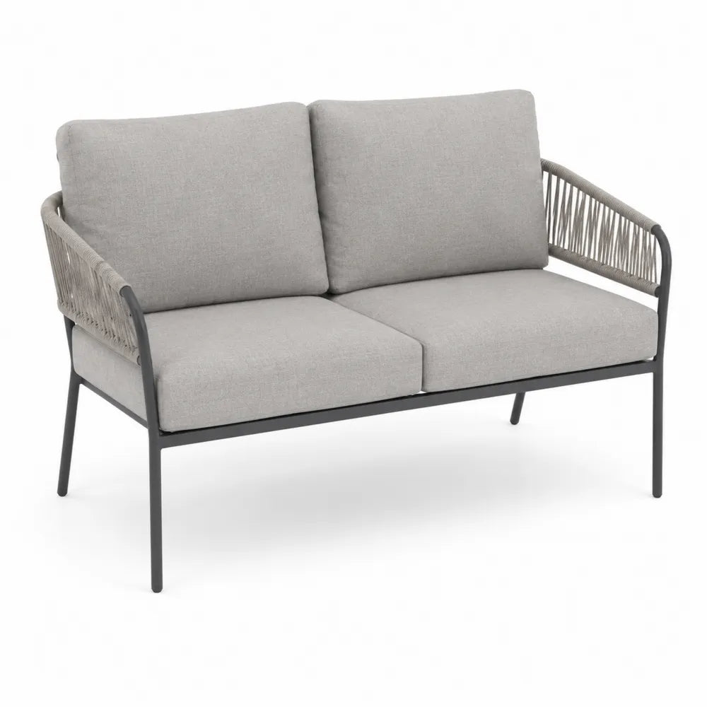 Sofa 2-osobowa metalowa z szarą tkaniną