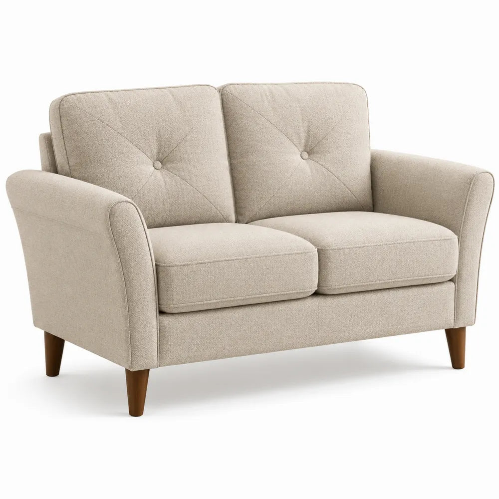 Sofa dwuosobowa beżowa tkanina drewno