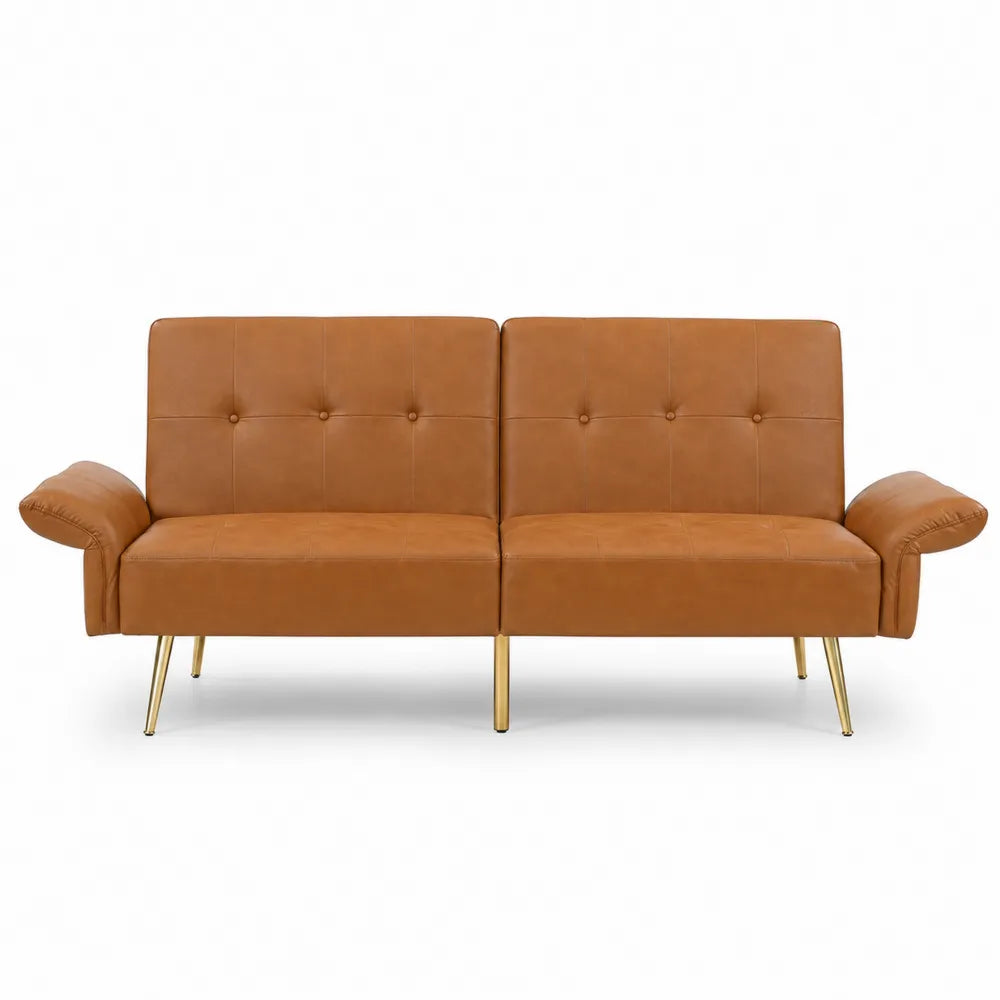 Sofa rozkładana z ekoskóry brązowa nogi metalowe 180 cm