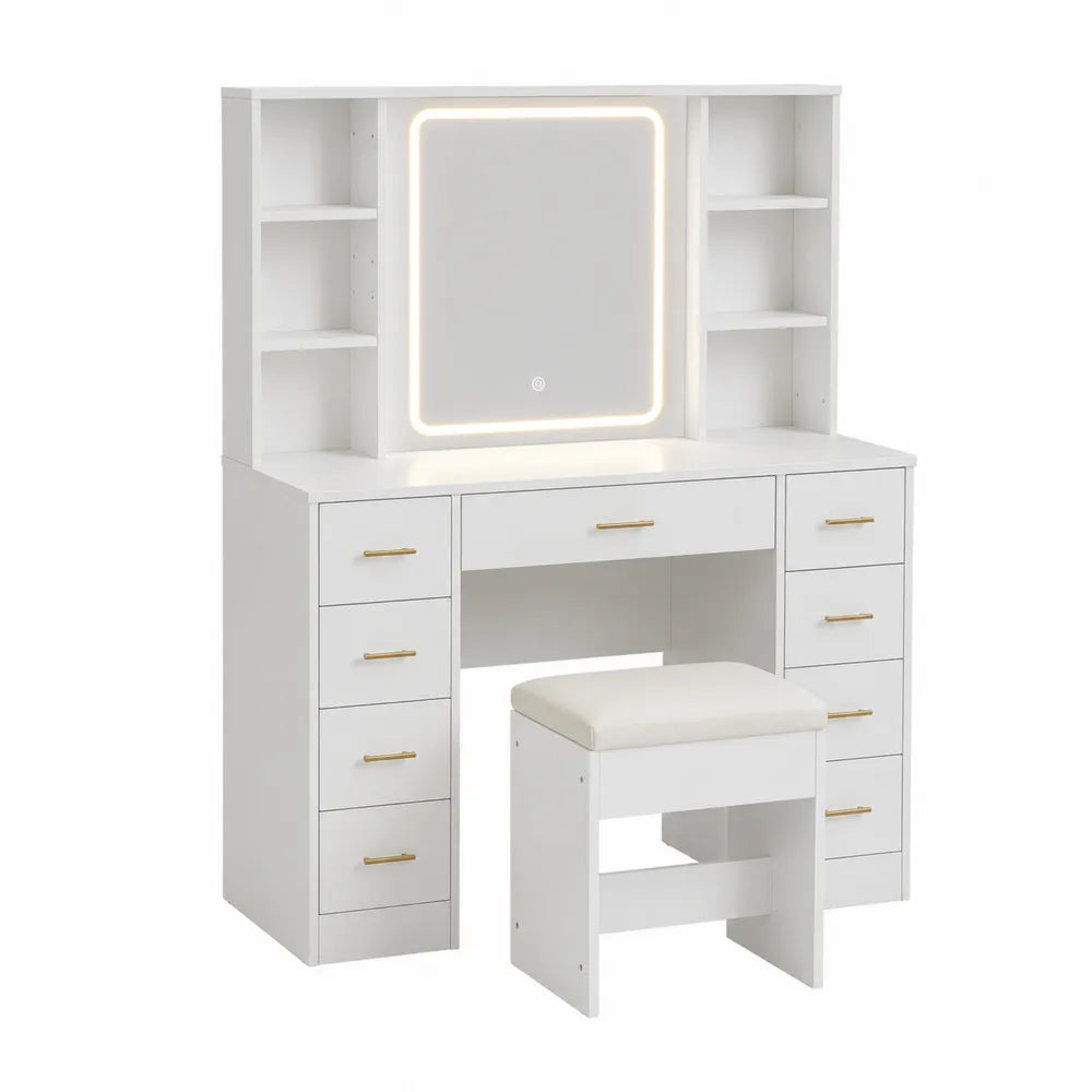 Toaletka z lustrem LED i taboretem biały MDF 140cm