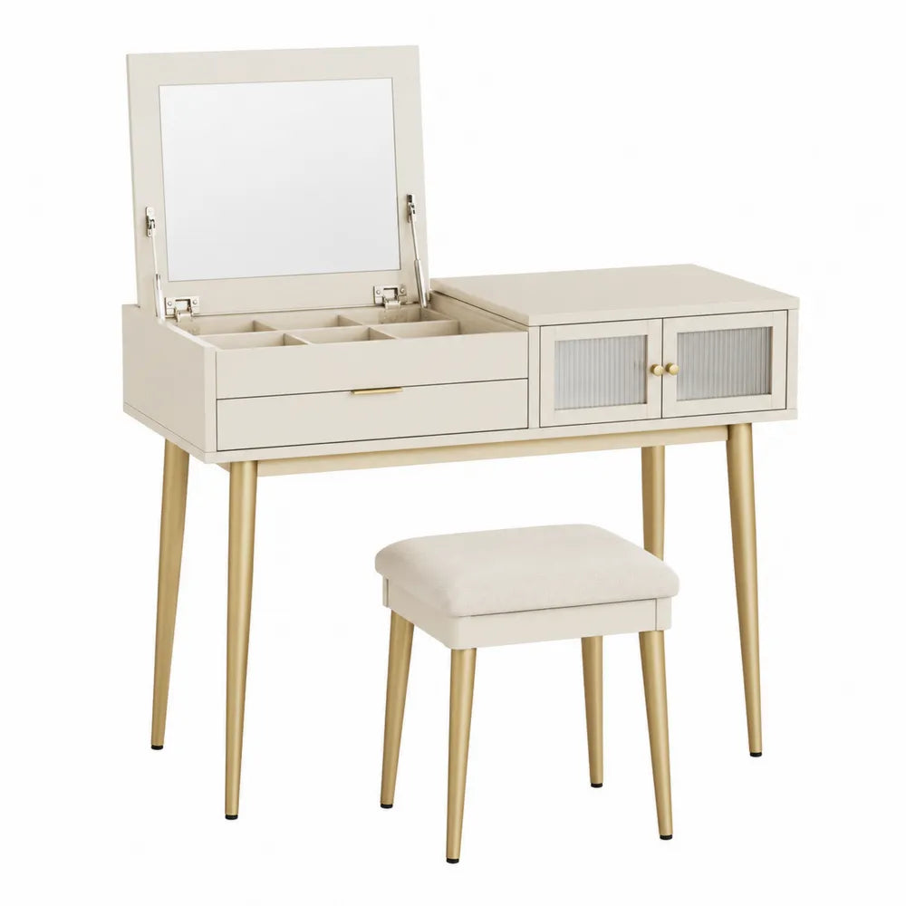 Toaletka z lustrem i taboretem z MDF i metalu 80x40x75 cm