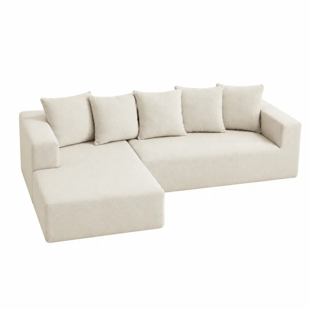 Narożna sofa z weluru beżowa z poduszkami 250x150x85 cm
