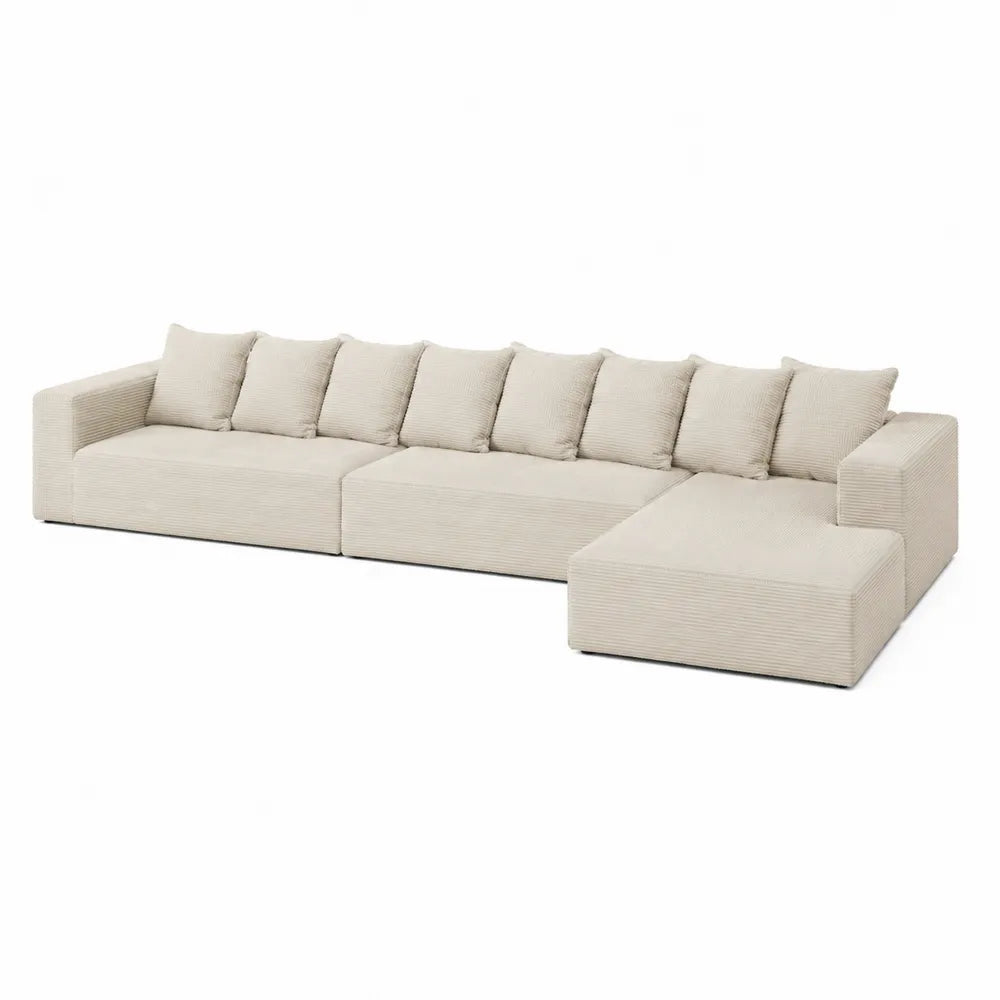 Narożna sofa sztruksowa beżowa z poduszkami 350 cm